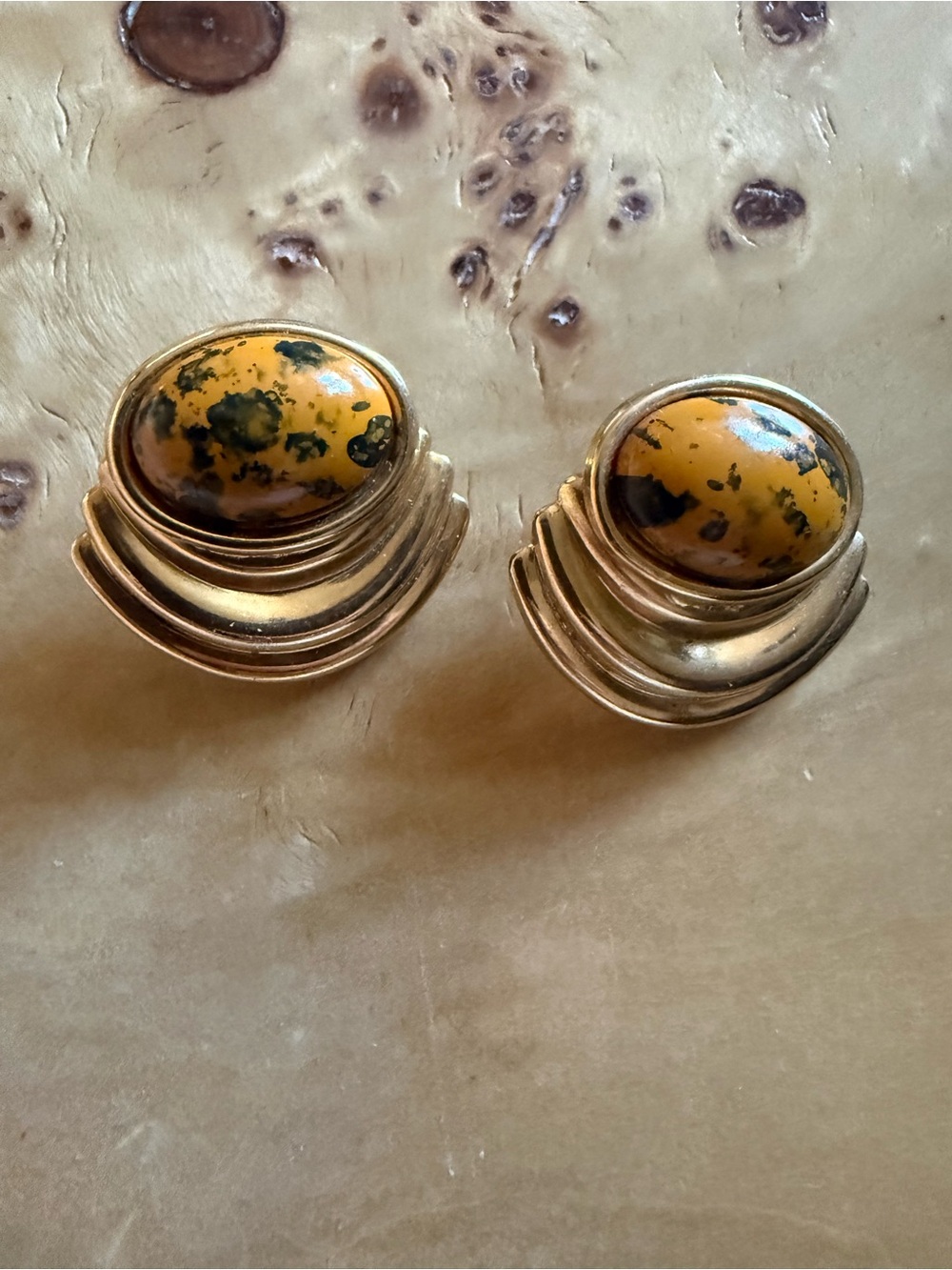 Vintage Gold-Tone Earrings with Yellow and Black Jasper